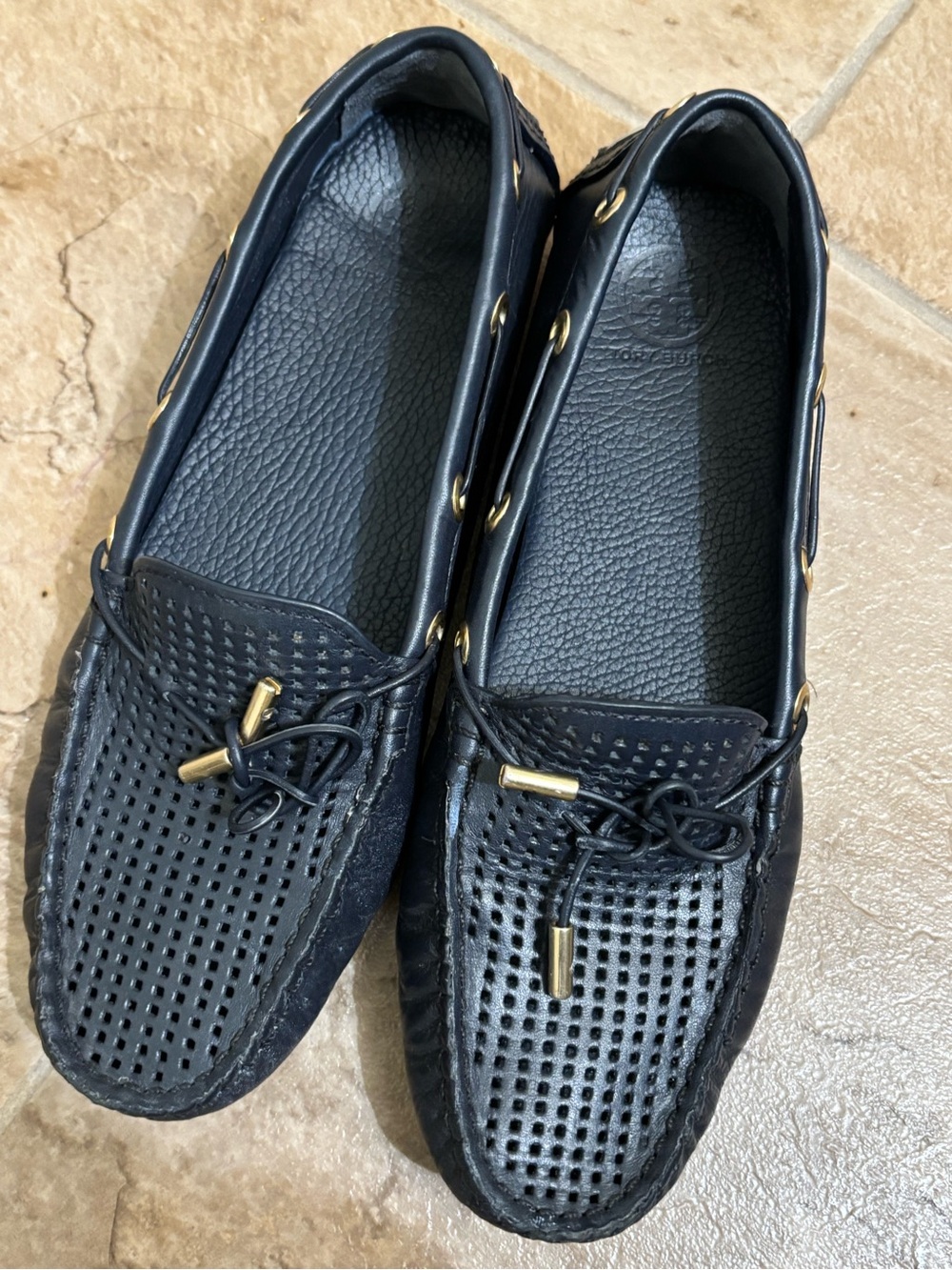 Tory Burch Black Perforated Leather Driving Loafers with Gold Accents